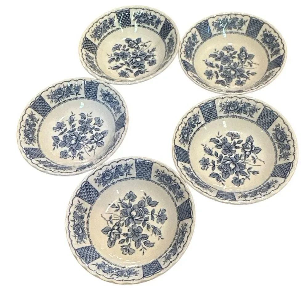 Vtg Myotts Melody England x5 rose decor blue copper print transferware, France c